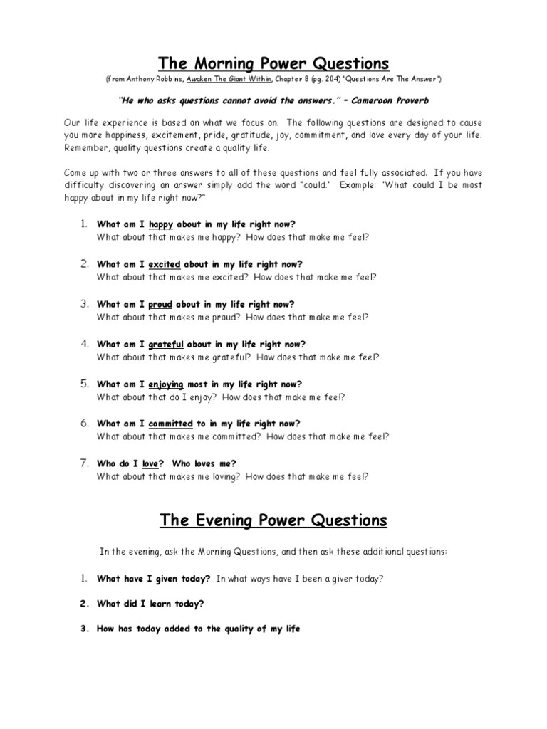 Morning and Evening Power Questions | PDF | Gratitude | Psychological ...