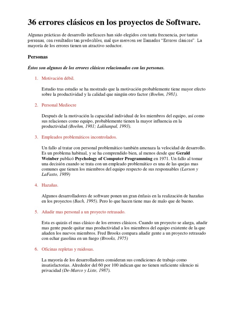 36 Errores Clásicos En Los Proyectos De Software Pdf Ingeniería De