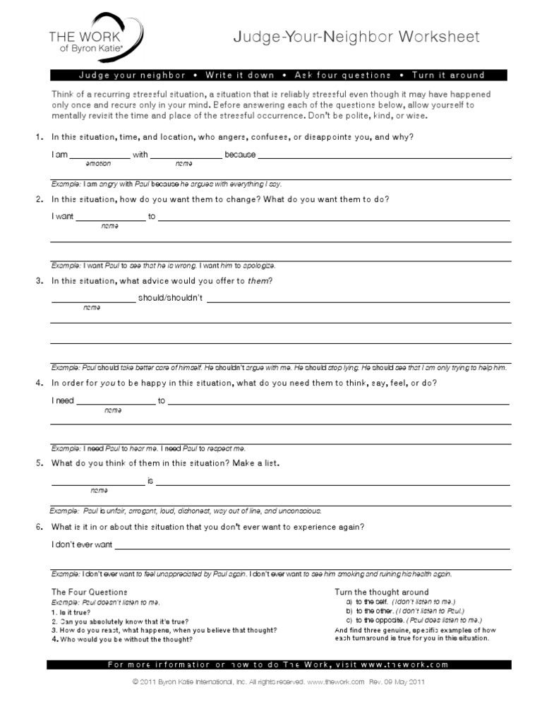 ByronKatie Judge Your Neighbor Worksheet | PDF | Thought | Anger