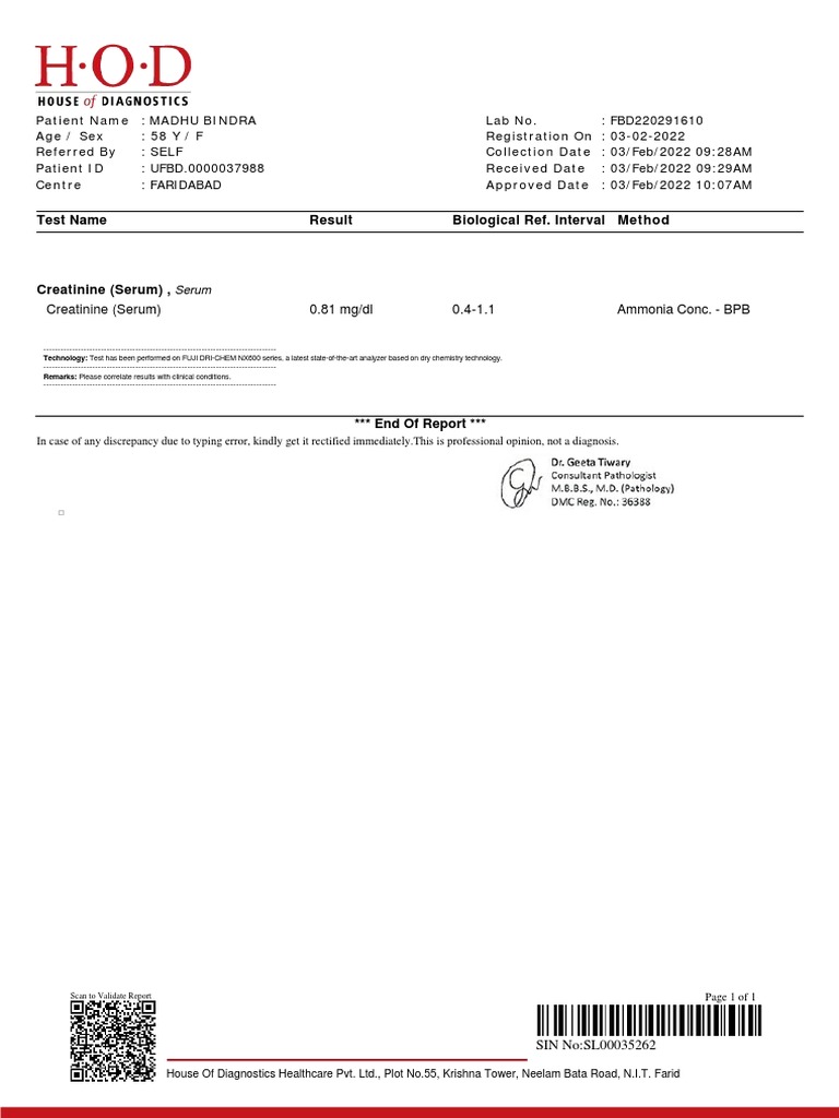 03 02 2022 HOD Labs Creatinine (Serum) Test Madhu Bindra PDF