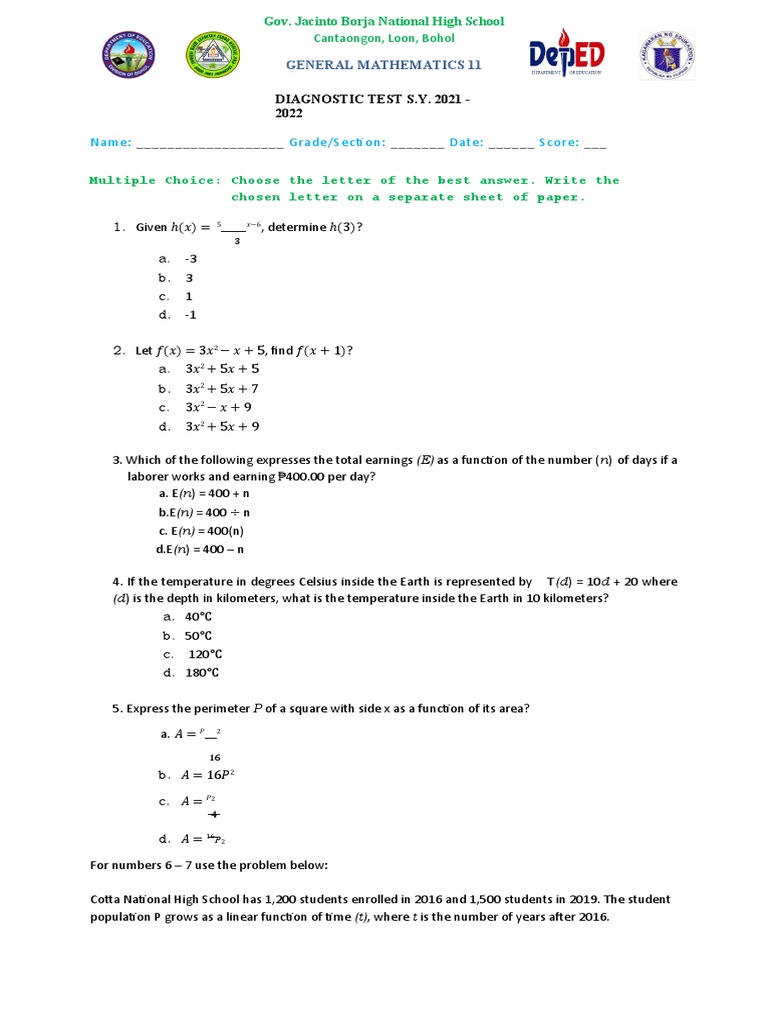 Diagnostic Test in General Mathematics | PDF