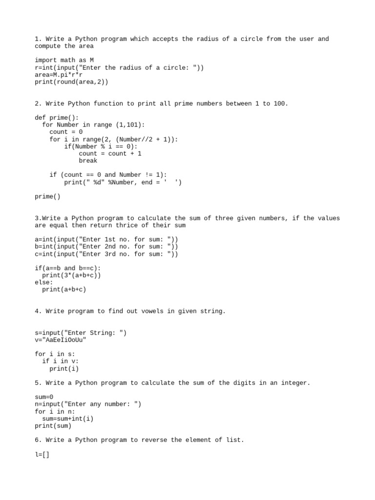 Python Questions With Solutions | PDF | Numbers | Pi