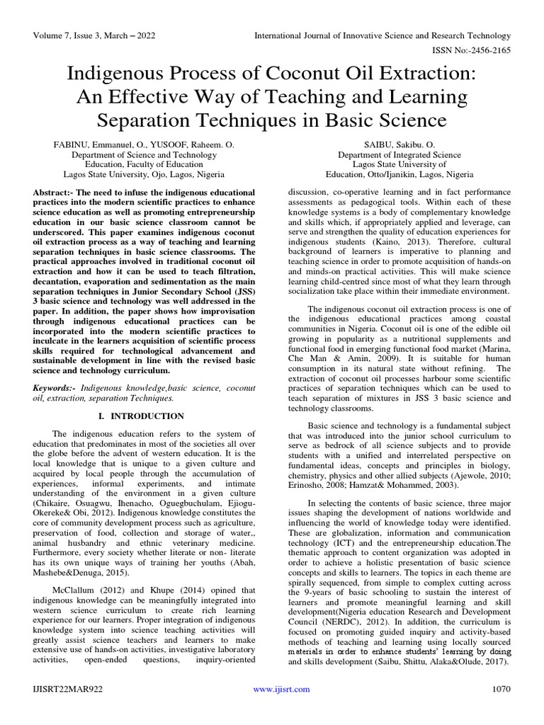 Indigenous Process of Coconut Oil Extraction An Effective Way of