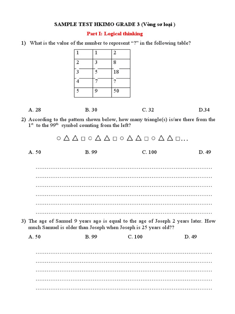 HKIMO Grade 3 Sample Test Questions | PDF | Mathematical Concepts ...