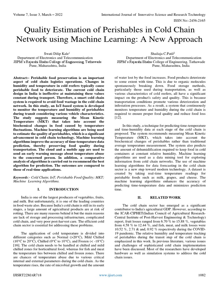Quality Estimation of Perishables in Cold Chain Network Using Machine ...