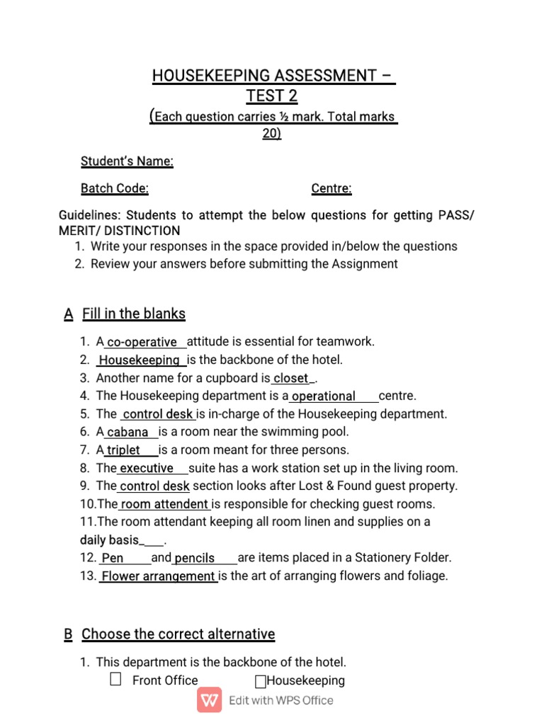 Housekeeping Assessment Test PDF