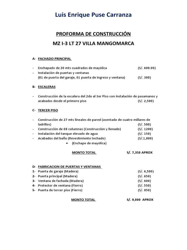 Proforma de Construcción de Vivienda | PDF | edificio | Ingeniería de ...
