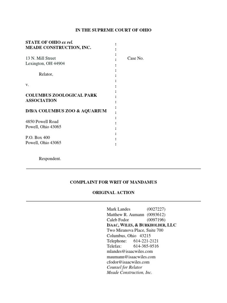 Meade Constr v. Columbus Zoological Park Assn Mandamus Complaint With