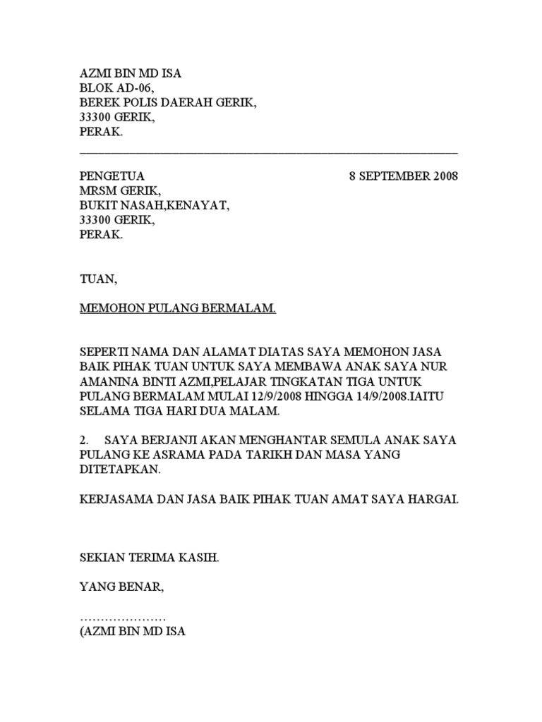 Contoh Surat Rasmi Lewat Balik Ke Asrama