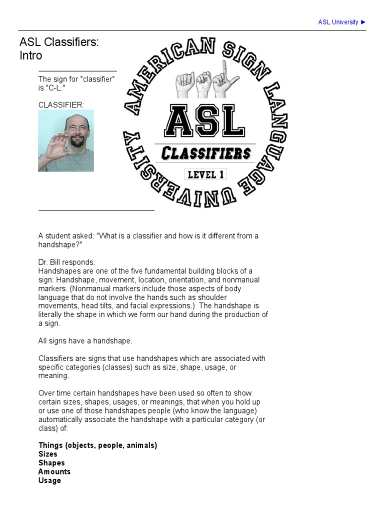 American Sign Language Classifiers Lesson X PDF American Sign