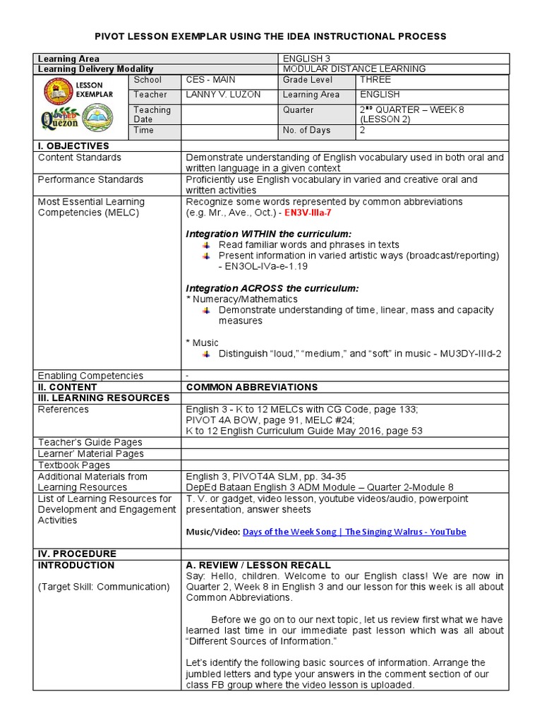 Grade 3 Quarter 2 Lesson on Abbreviations | PDF | English Language ...