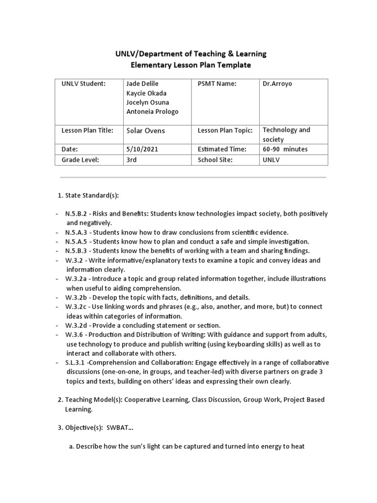3rd Grade Solar Oven Lesson Plan | PDF | Cognitive Science | Education ...