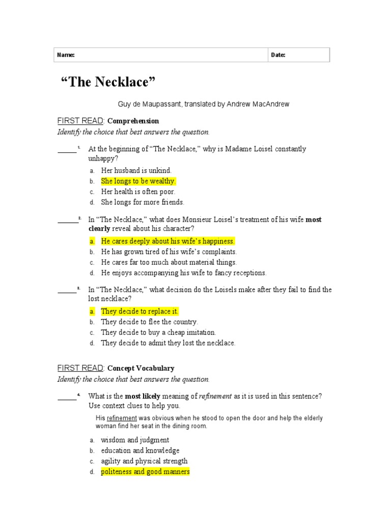 The Answers of The Necklace Worksheets PDF