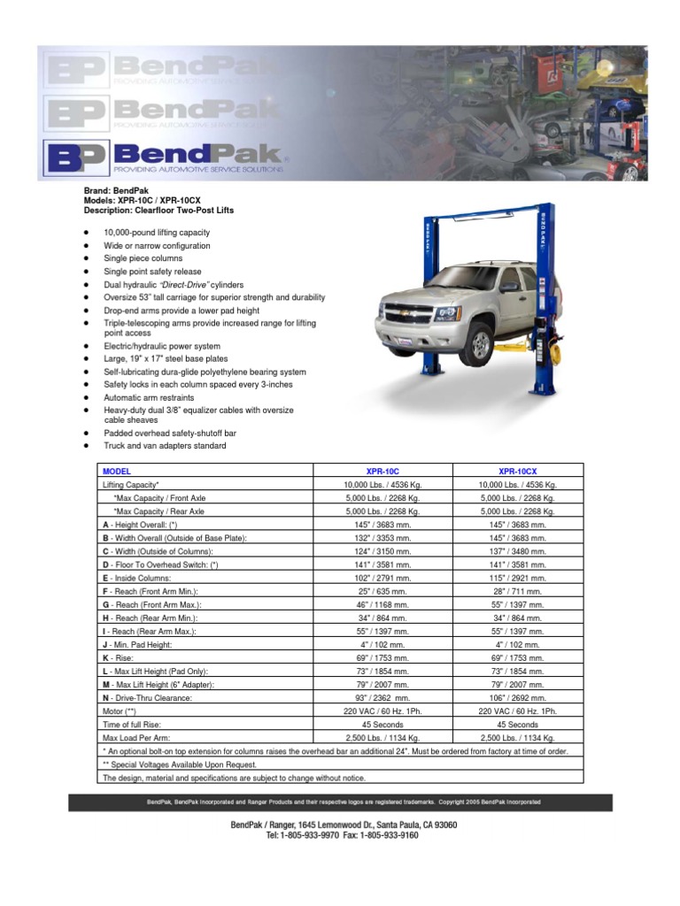 Bendpak XPR_10CX Car Lift Manual Elevator Vehicle Technology