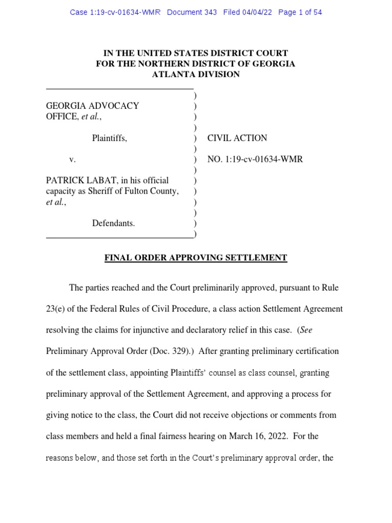 Settlement Reached Regarding South Fulton County Jail Conditions PDF