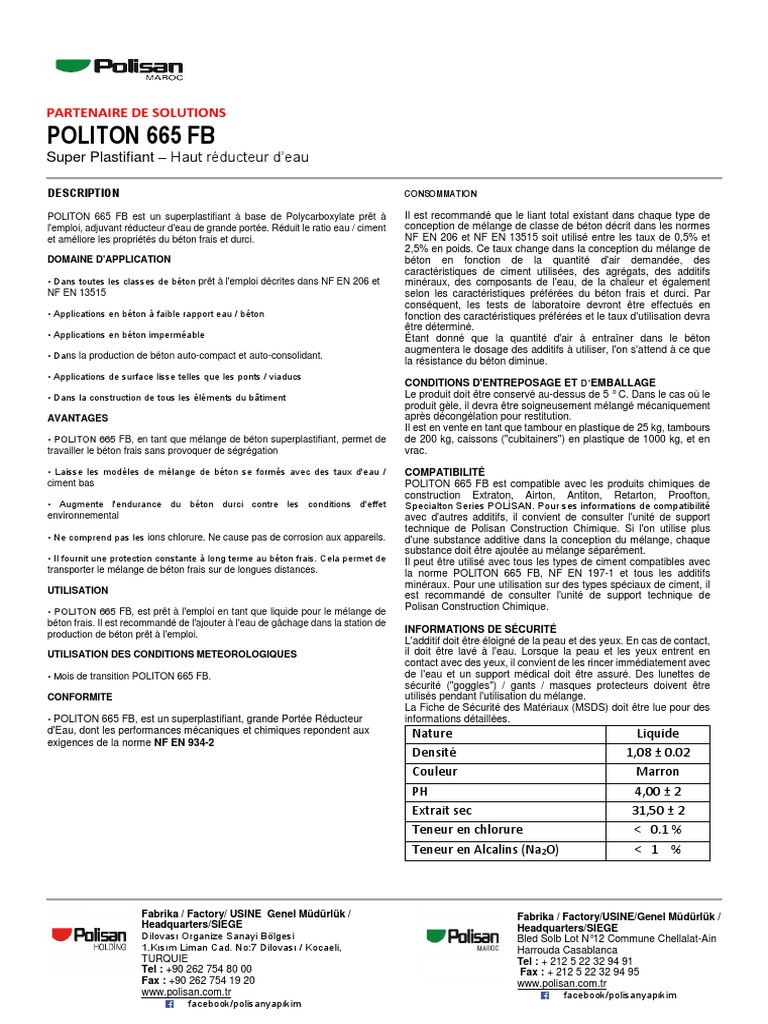 Superplastifiant POLITON 665 FB | PDF
