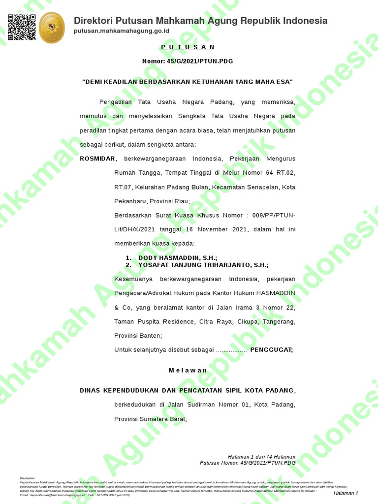 Putusan PTUN Padang Nomor 45/G/2021 | PDF