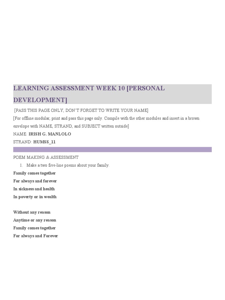 Learning Assessment Week 10 (Personal Development) | PDF