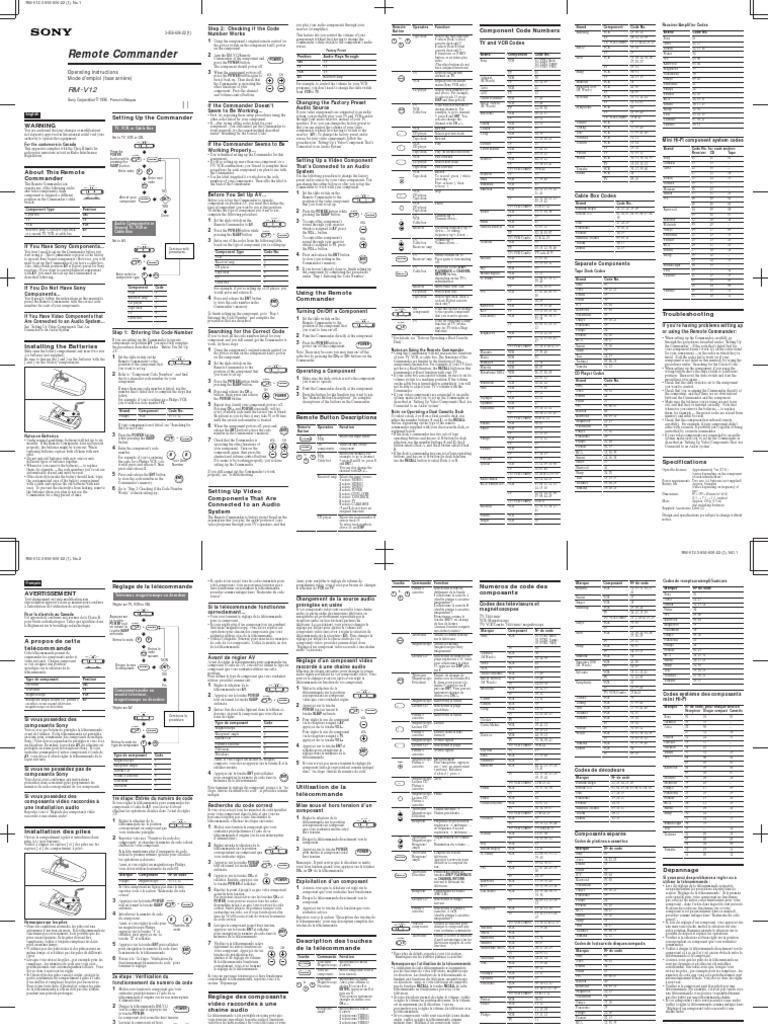 Remote Commander: Operating Instructions Mode D'emploi (Face Arrière ...