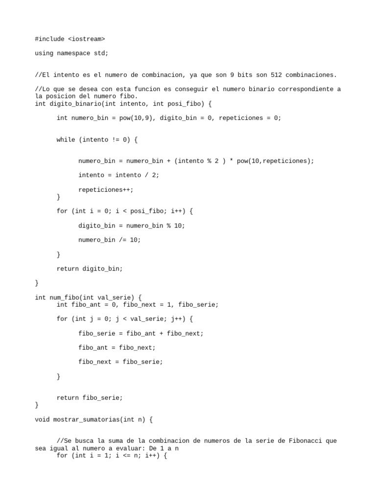 Suma de combinaciones de Fibonacci en C++ | PDF