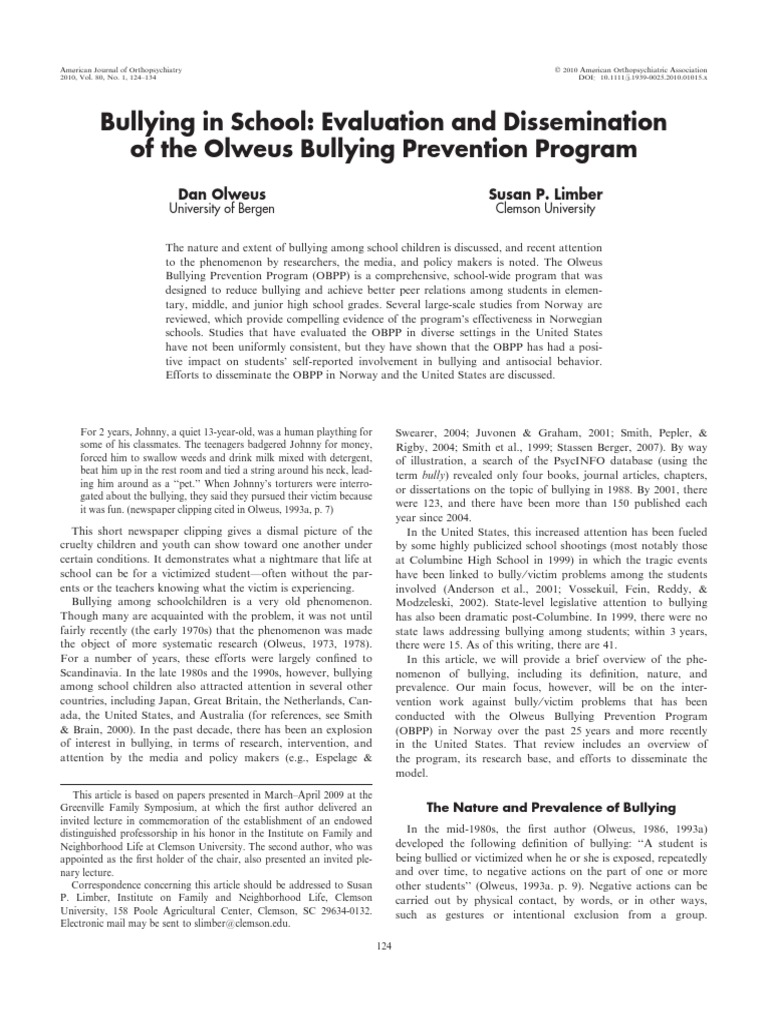 OLWEUS-2010Bullying in Schools - Prevention Program | PDF