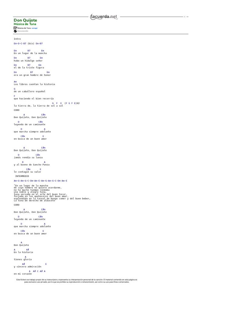 DON QUIJOTE, Música de Tuna Acordes PDF
