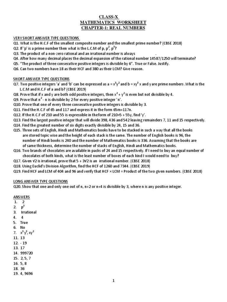 Class-X Mathematics Worksheet Chapter-1: Real Numbers | PDF | Numbers ...