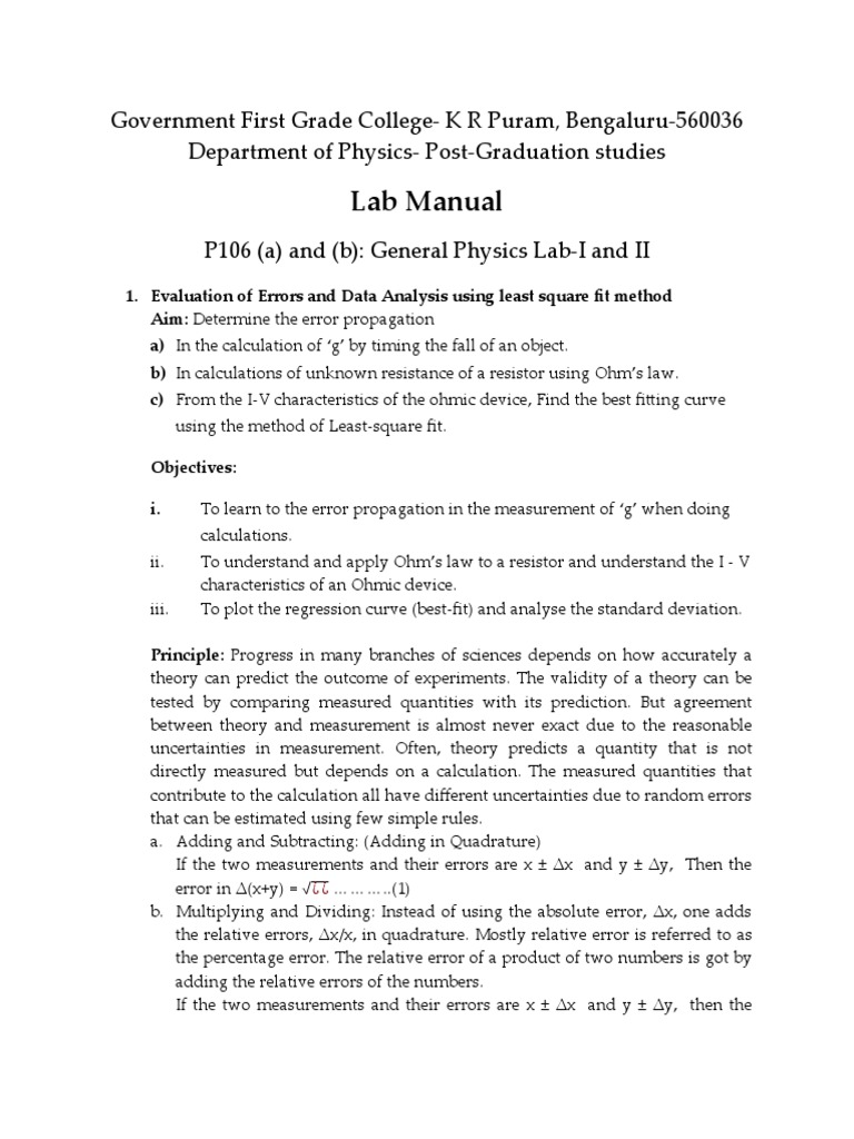 General Physics Lab Manual: Error Analysis | PDF | Errors And Residuals ...