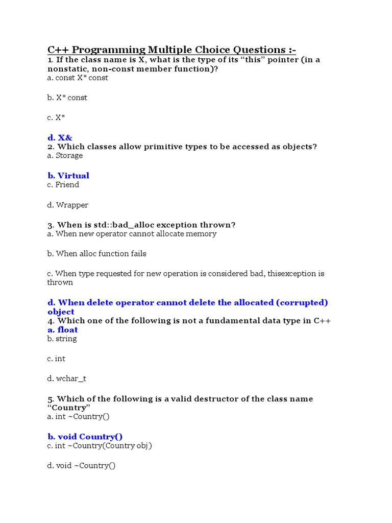 C++ Programming Multiple Choice Questions | PDF | C (Programming ...