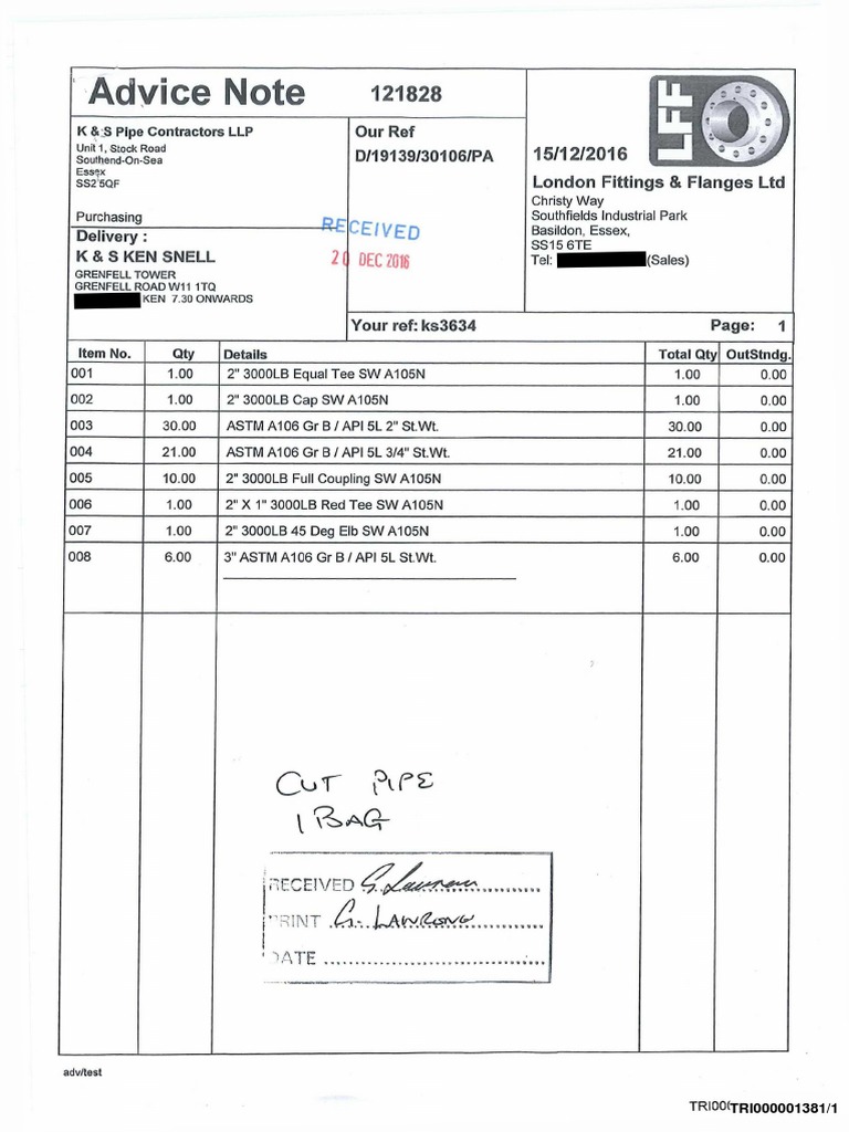 TRI000001381 Advice Note of Devlivery To K&S From London Fittings and