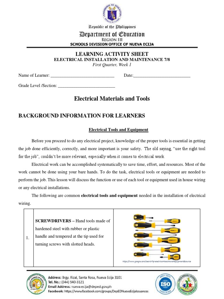 Electrical Tools and Materials Overview | PDF | Electrical Connector | Wire