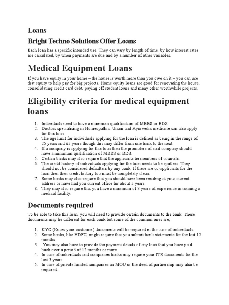 Medical Equipment Loans Eligibility Criteria For Medical Equipment
