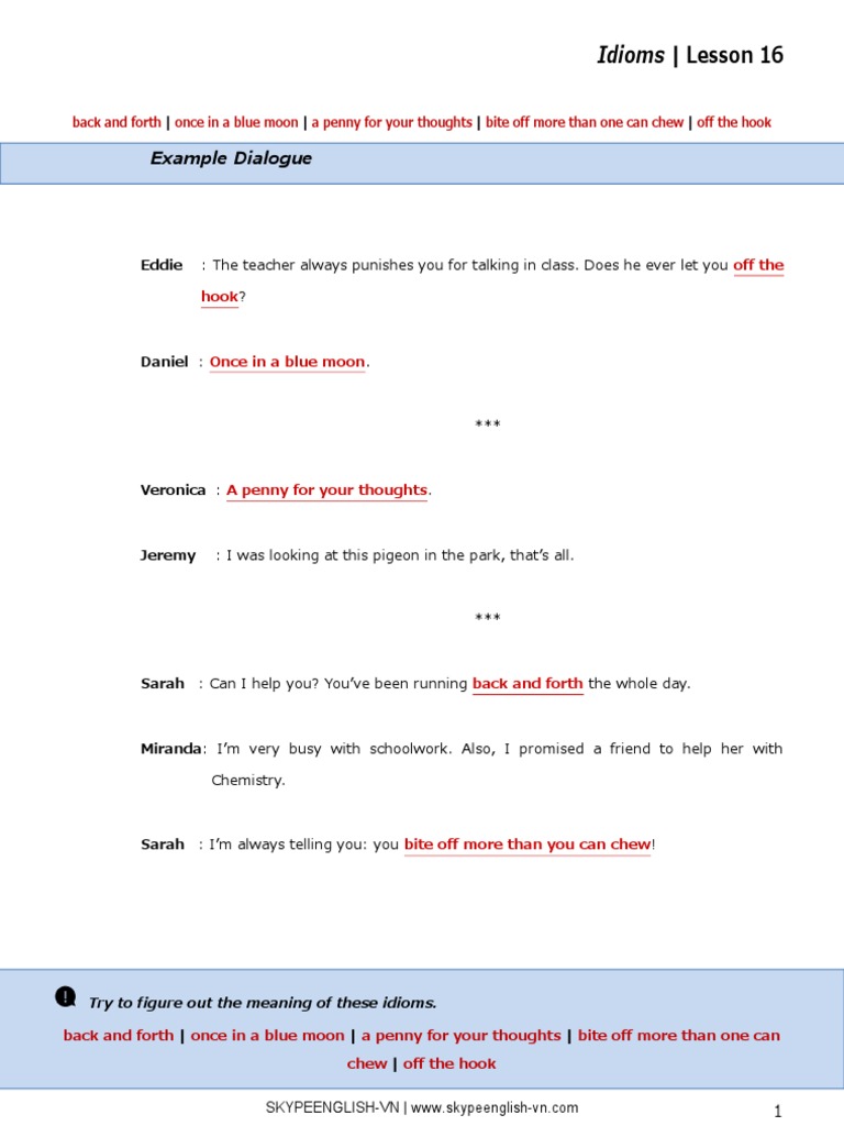 Idioms - Lesson 16: Example Dialogue | PDF