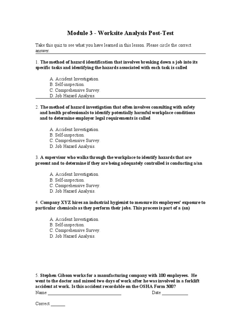 Worksite Analysis Quiz: Hazard Identification | PDF | Occupational ...