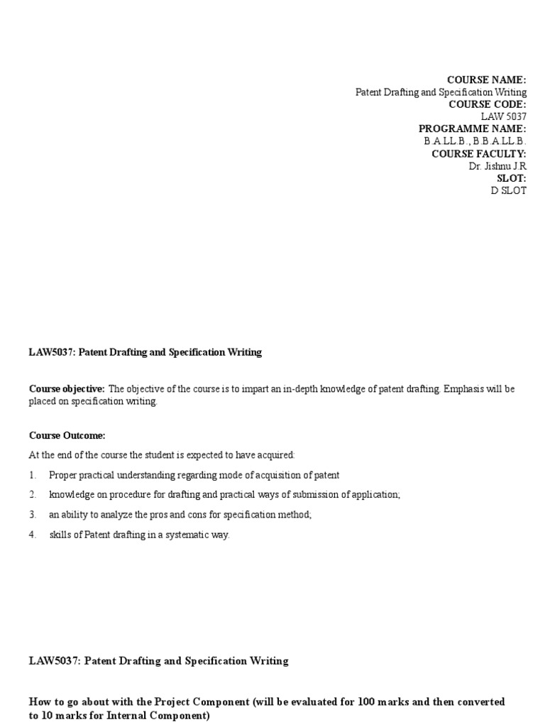 Patent Drafting COURSE PLAN PDF Patent Cognition