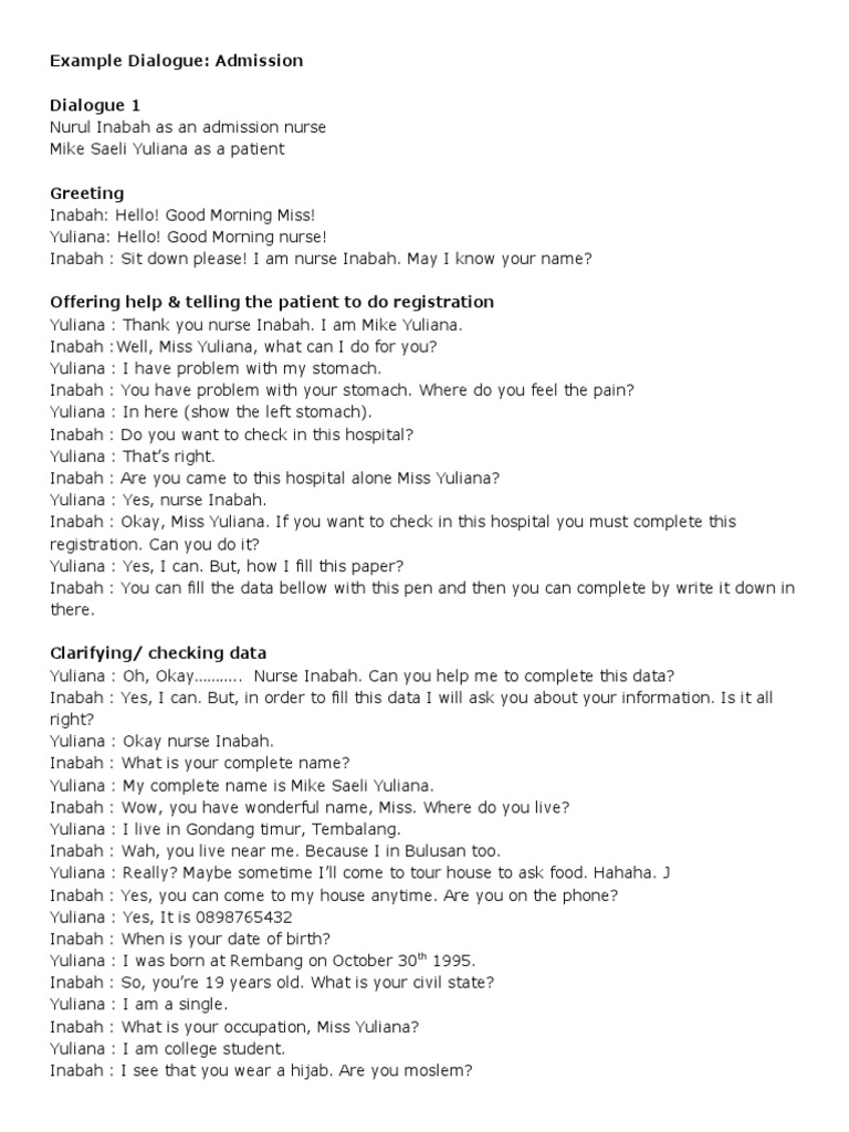 Hospital Admission Dialogue Examples | PDF | Nursing | Patient