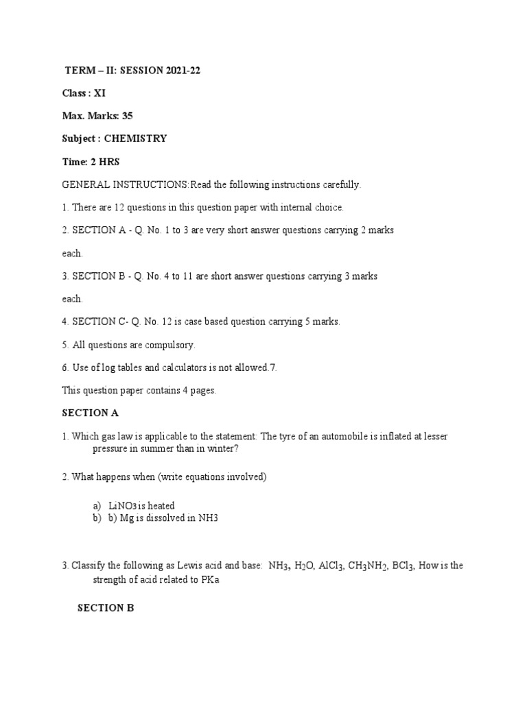 Final Examination Chemistry Class XI 2022 | PDF | Enthalpy | Mole (Unit)