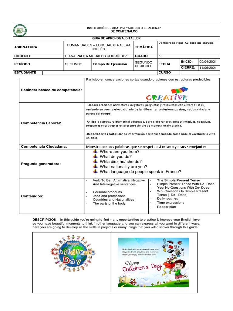 Guia 1 Ingles Grado Quinto P2 | PDF | Language Arts & Discipline ...
