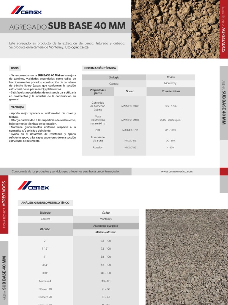 SUB BASE 40 MM - FT CEMEX INDUSTRIAL - AGREGADOS - Sept2020 | PDF