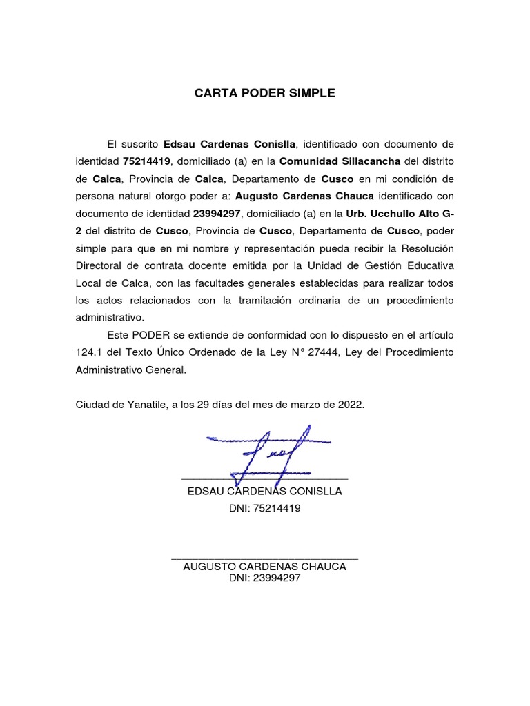 Carta Poder Simple para Trámite Administrativo | PDF