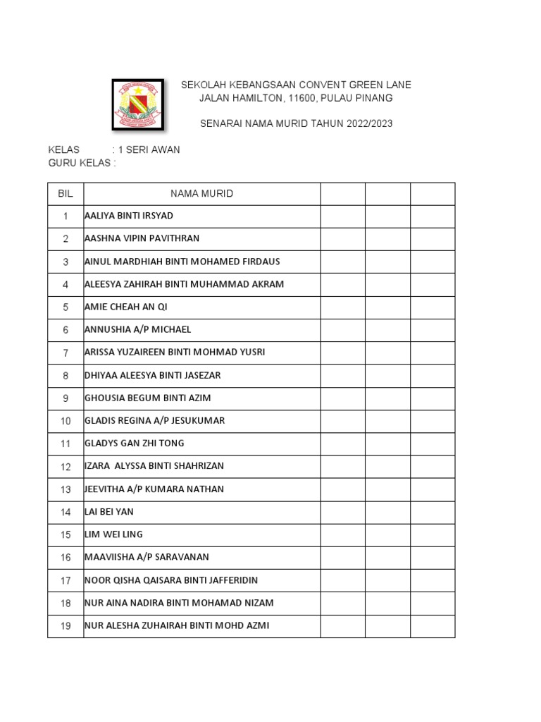 Contoh Template Senarai Nama Murid 2022 2023 | PDF