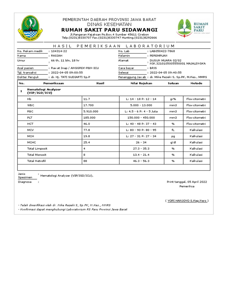 Hasil Pemeriksaan MCV Pasien Rasiah | PDF