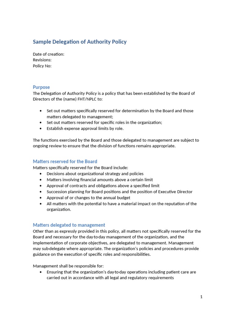 Sample Delegation of Authority Policy PDF