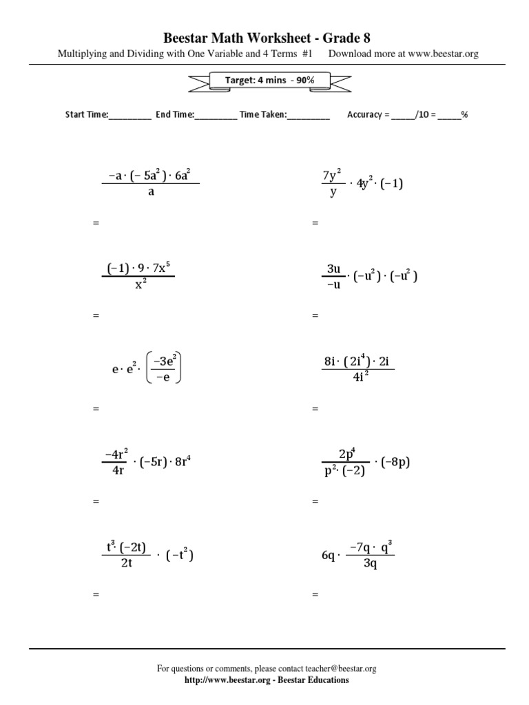 Grade 8 Math: Variable Operations Worksheet | PDF