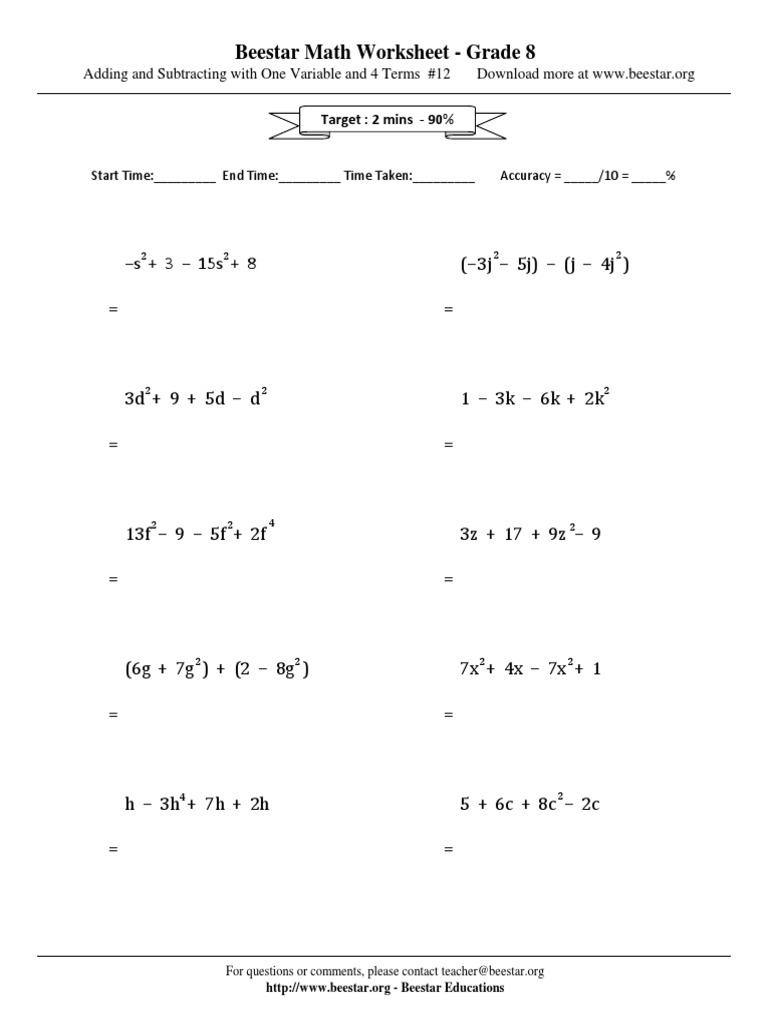 Beestar Math Worksheet - Grade 8: Target: 2 Mins - 90% | PDF