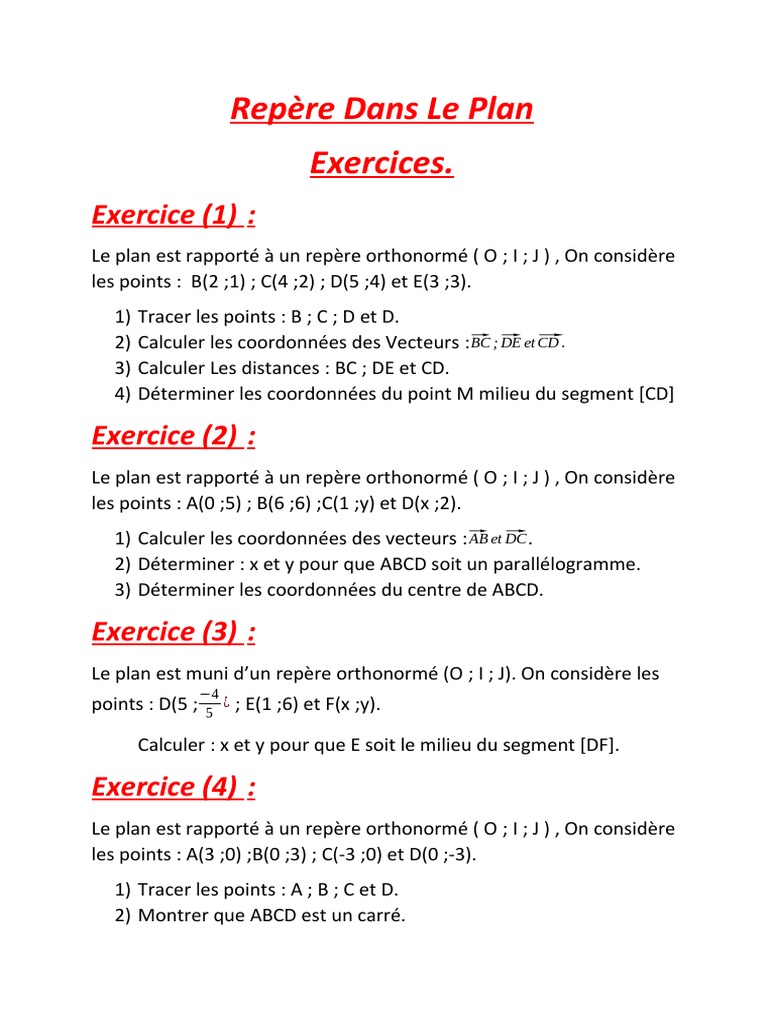 Exercices sur le Repère dans le Plan | PDF | Coordonnées cartésiennes ...