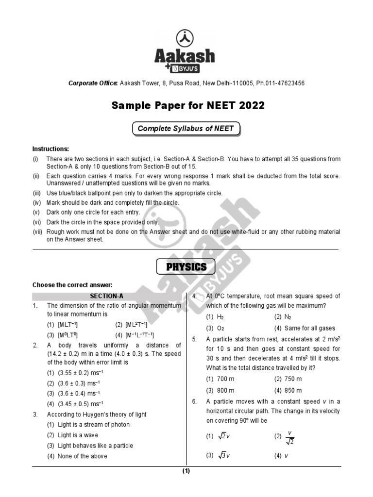 NEET New Pattern Sample Paper2022 PDF