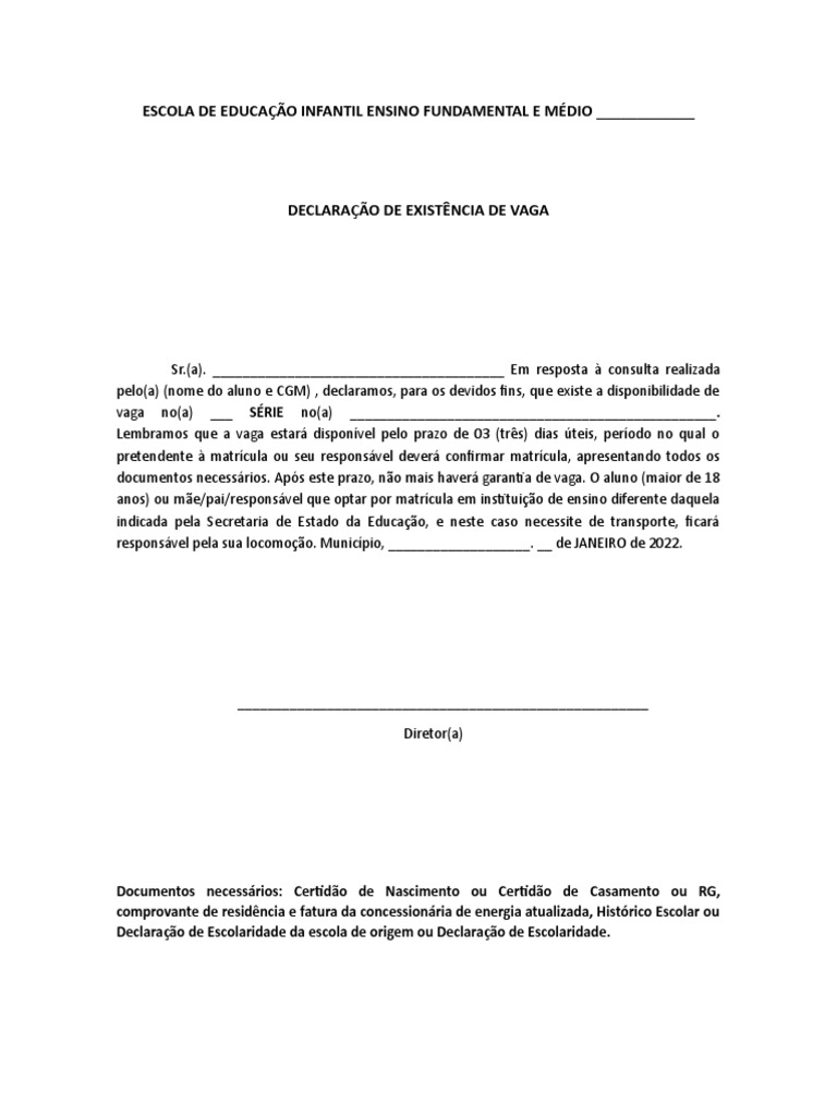 Declaração de Vaga Escolar Disponível | PDF