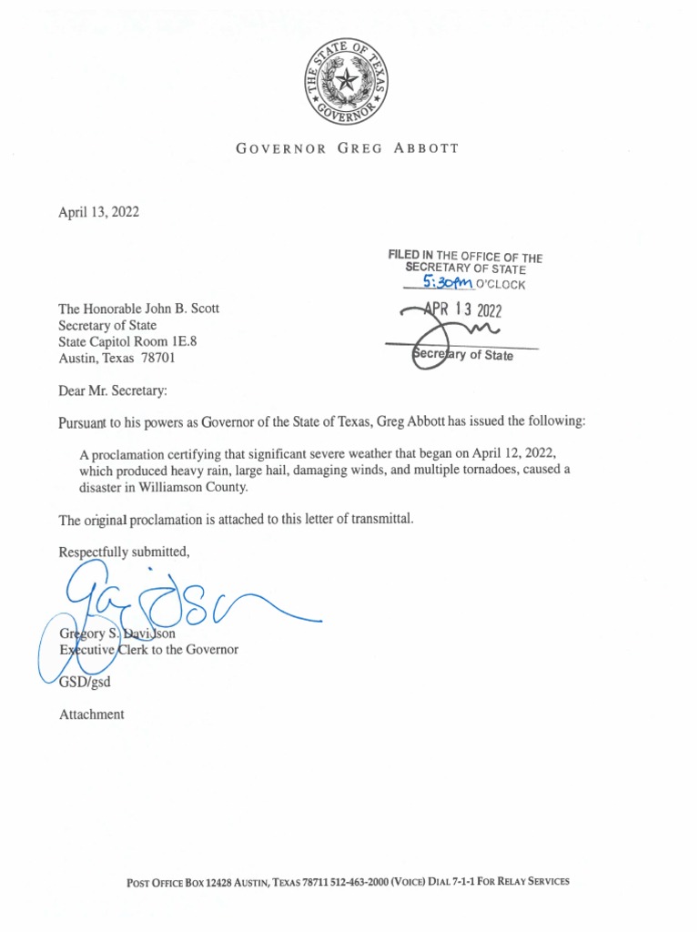 Disaster Declaration For Williamson County Following Storm 04-13-2022 | PDF
