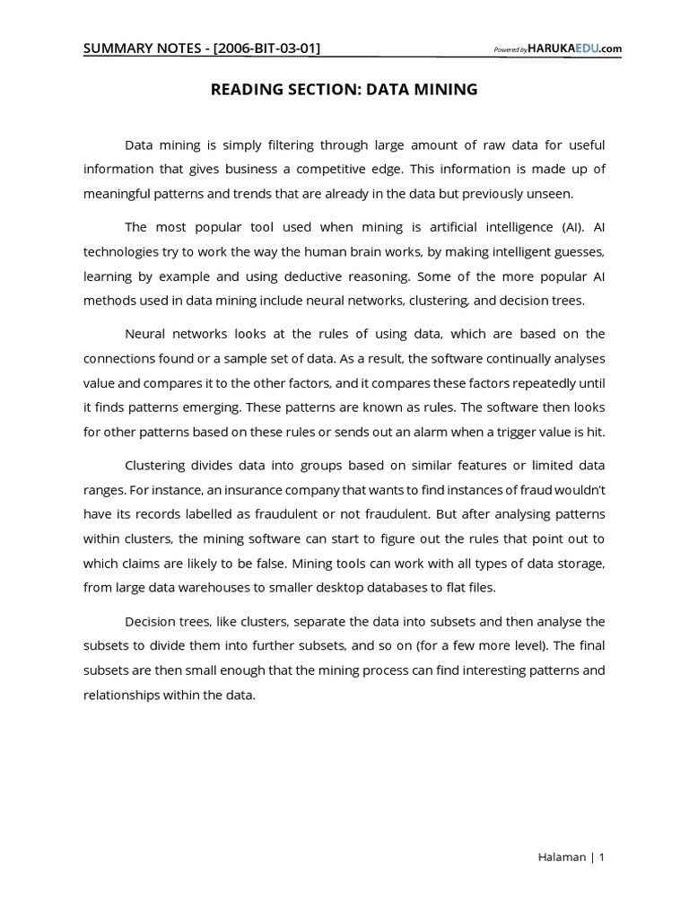Reading Section: Data Mining: SUMMARY NOTES - (2006-BIT-03-01) | PDF ...